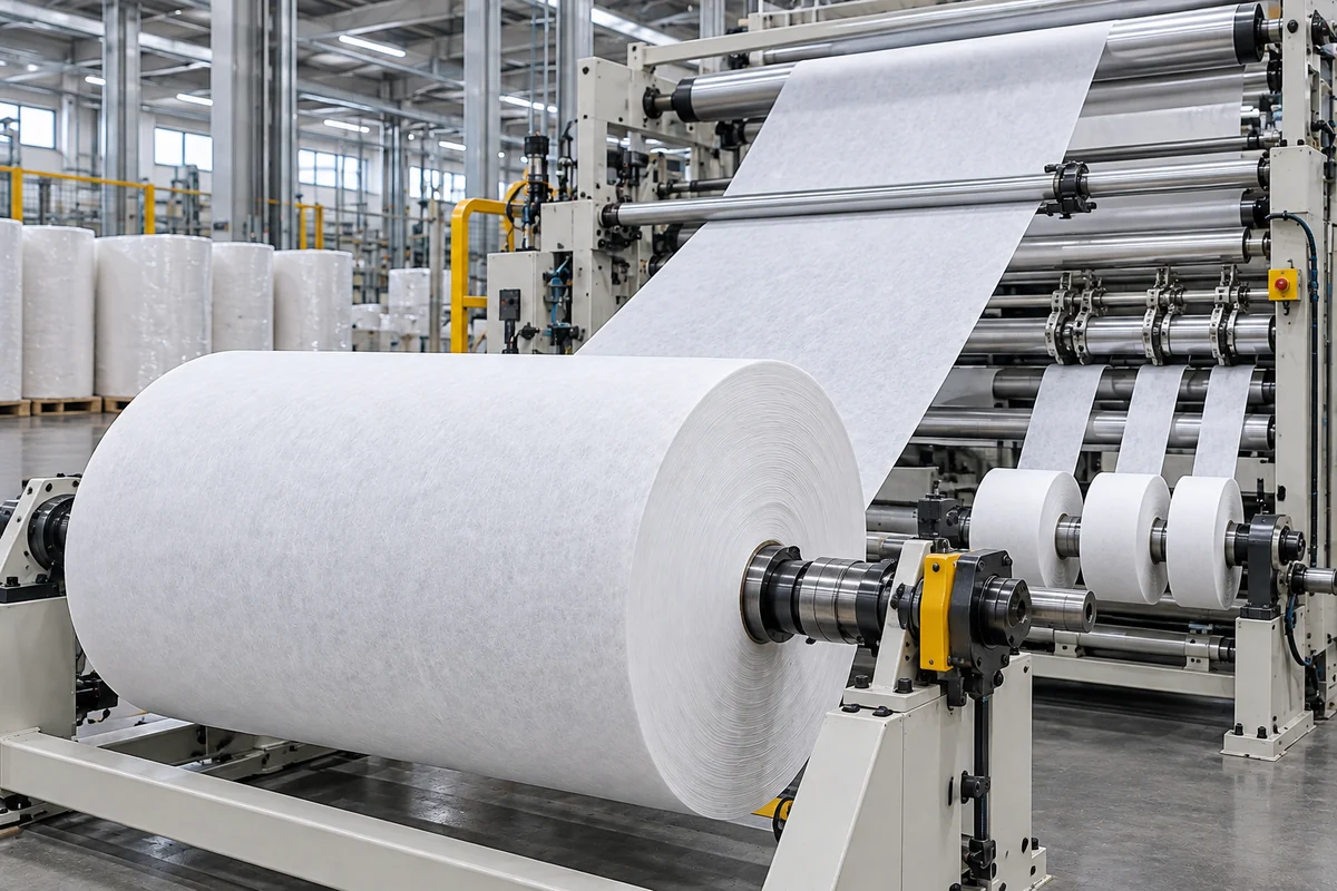 Fibrous nonwoven material on converting and rewinding equipment