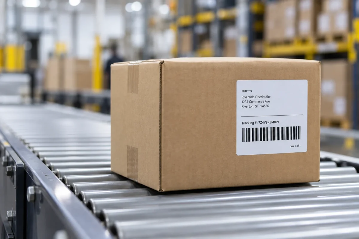 Printed shipping label on a parcel