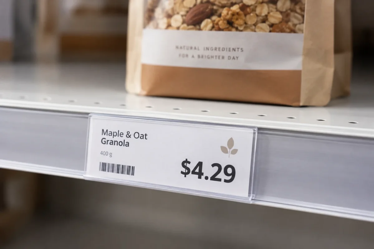 Printed shelf and price label on a retail product