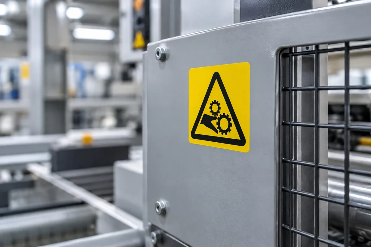 Printed safety warning label on industrial equipment