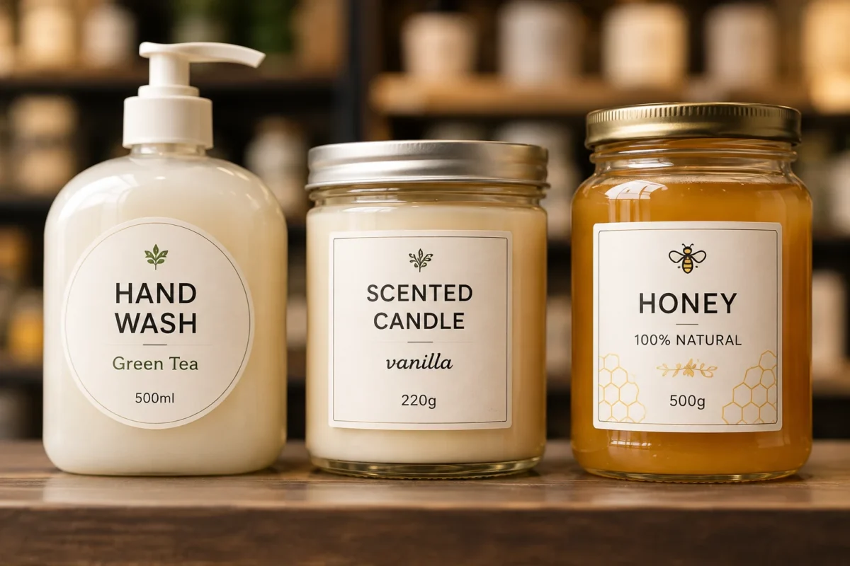 Retail products with printed labels on store shelving