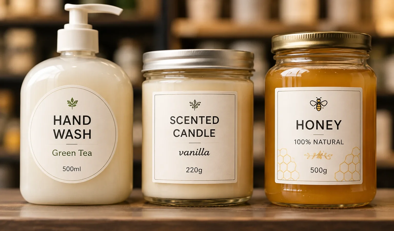 Retail products with printed labels on store shelving