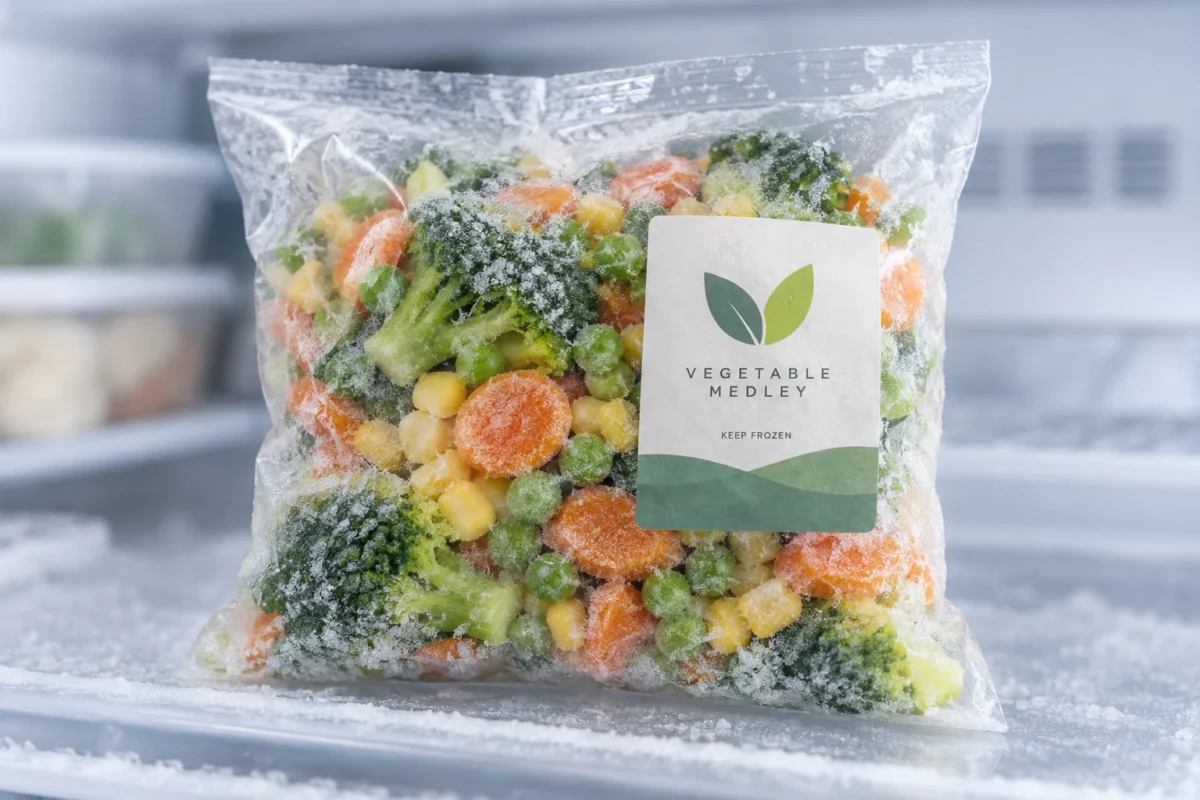 Printed label on frozen food packaging