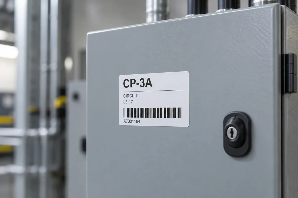 Printed labels on an electrical control panel