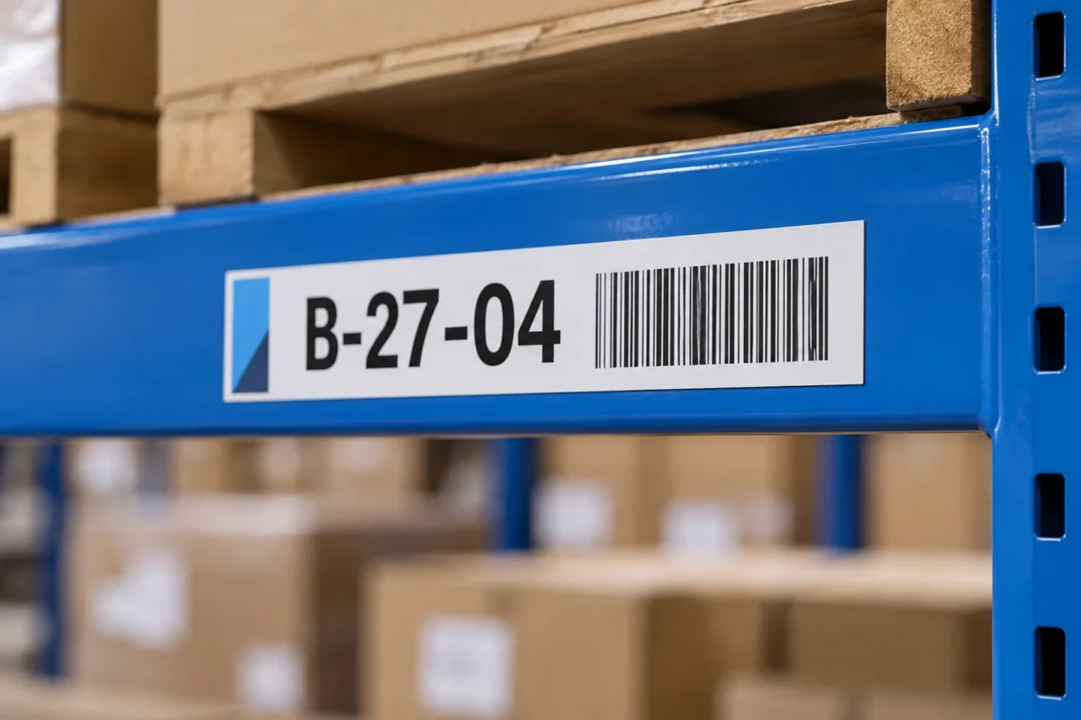 Labeled cartons in a warehouse aisle