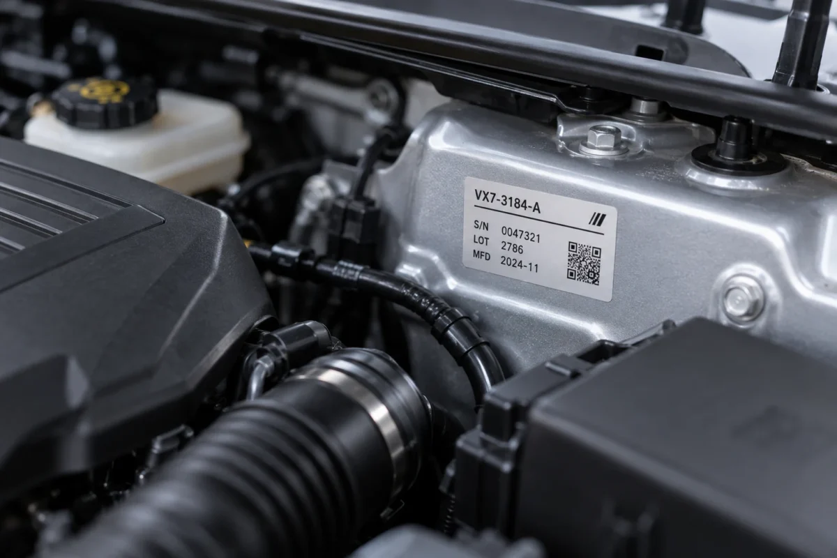 Printed identification label on a mechanical component