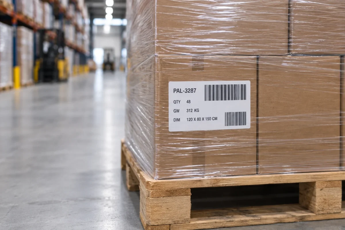 Printed pallet label on a wrapped shipment