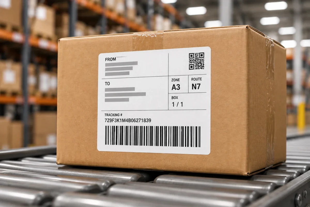 Shipping carton with printed logistics label on a conveyor
