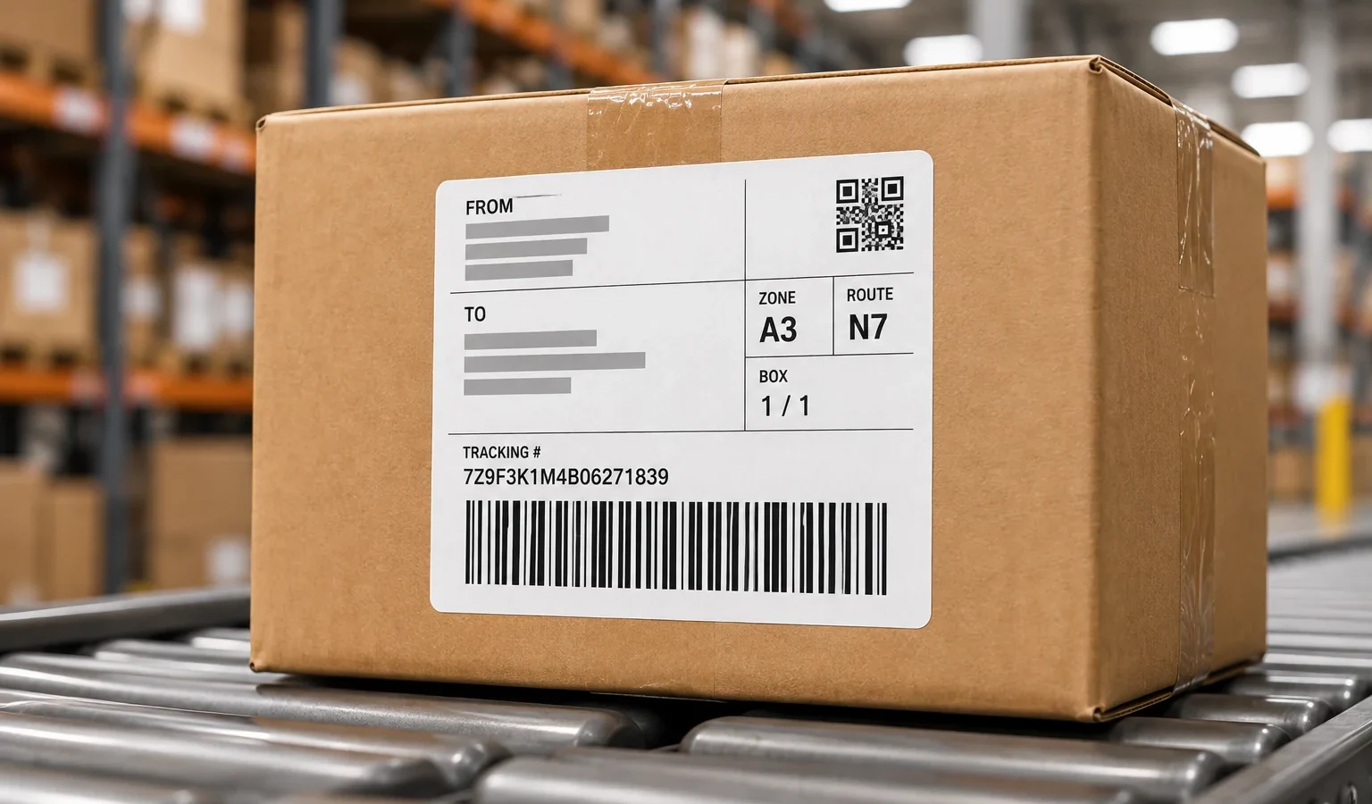 Shipping carton with printed logistics label on a conveyor