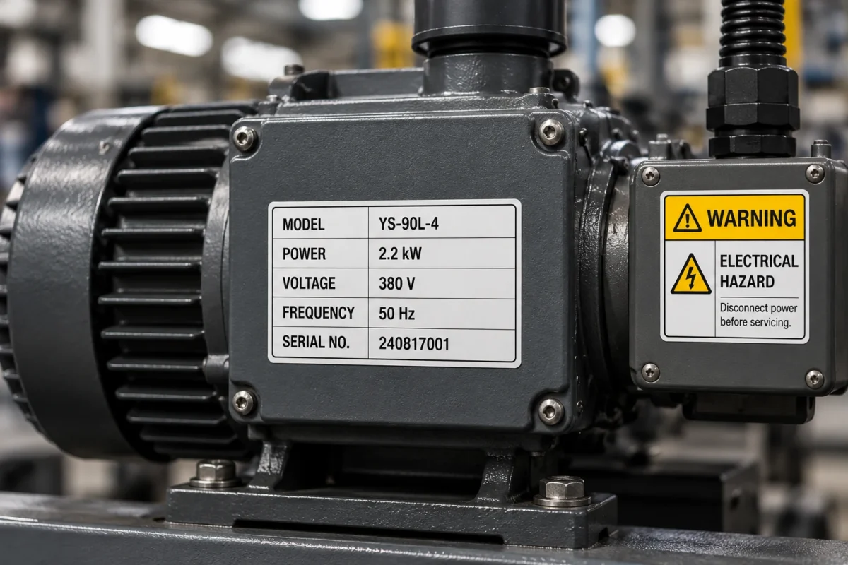 Printed equipment identification label on industrial machinery