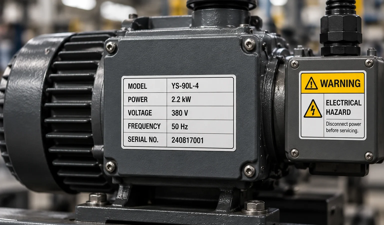 Printed equipment identification label on industrial machinery