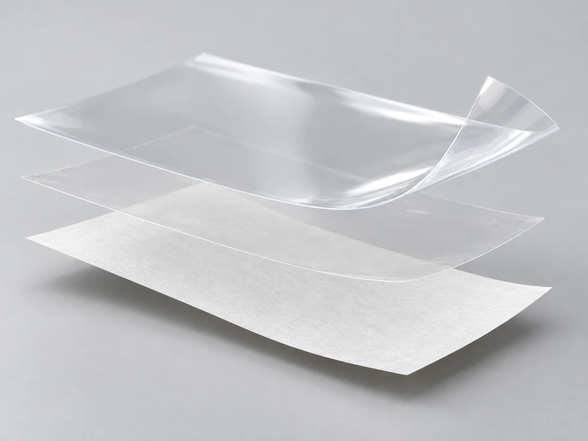 Clear BOPP, Water-based acrylic or Hotmelt adhesive and 60 gsm white glassine release liner layered construction