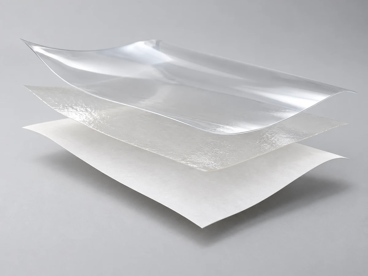 Clear PE film, Water-based acrylic adhesive and 60 gsm white glassine release liner layered construction