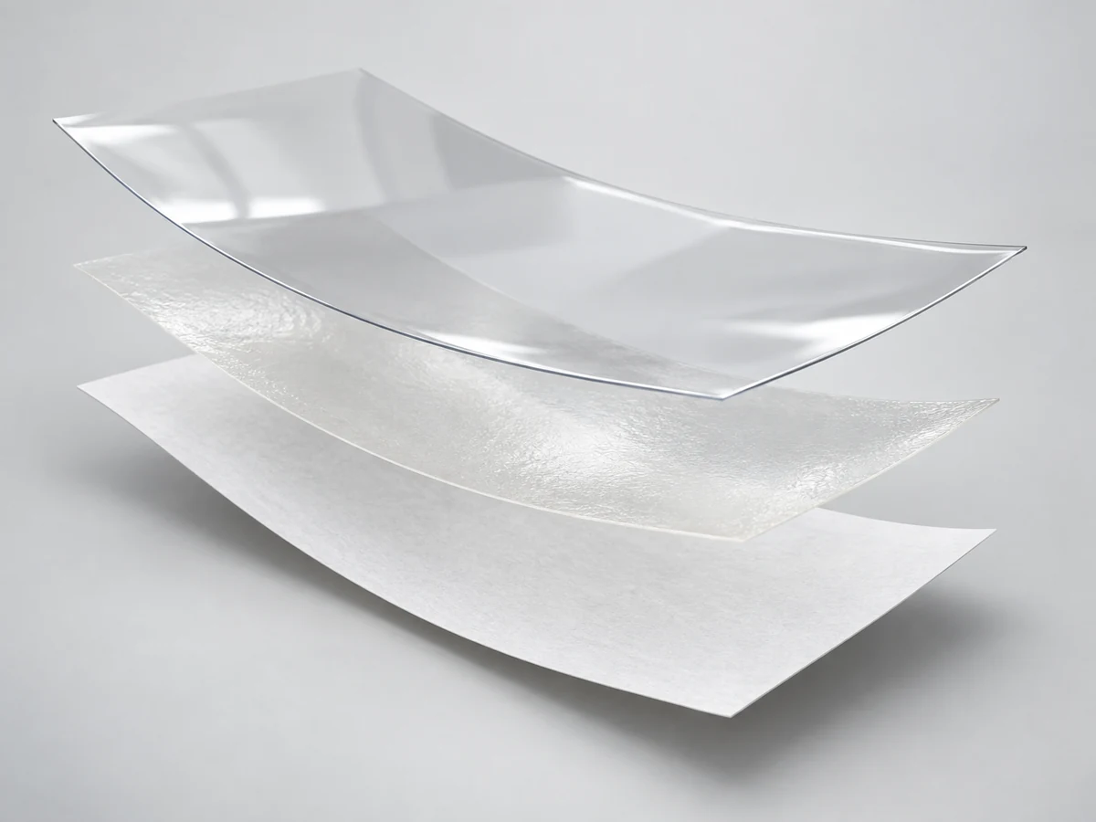Clear top-coated PET, Water-based acrylic adhesive and 60 gsm white glassine release liner layered construction