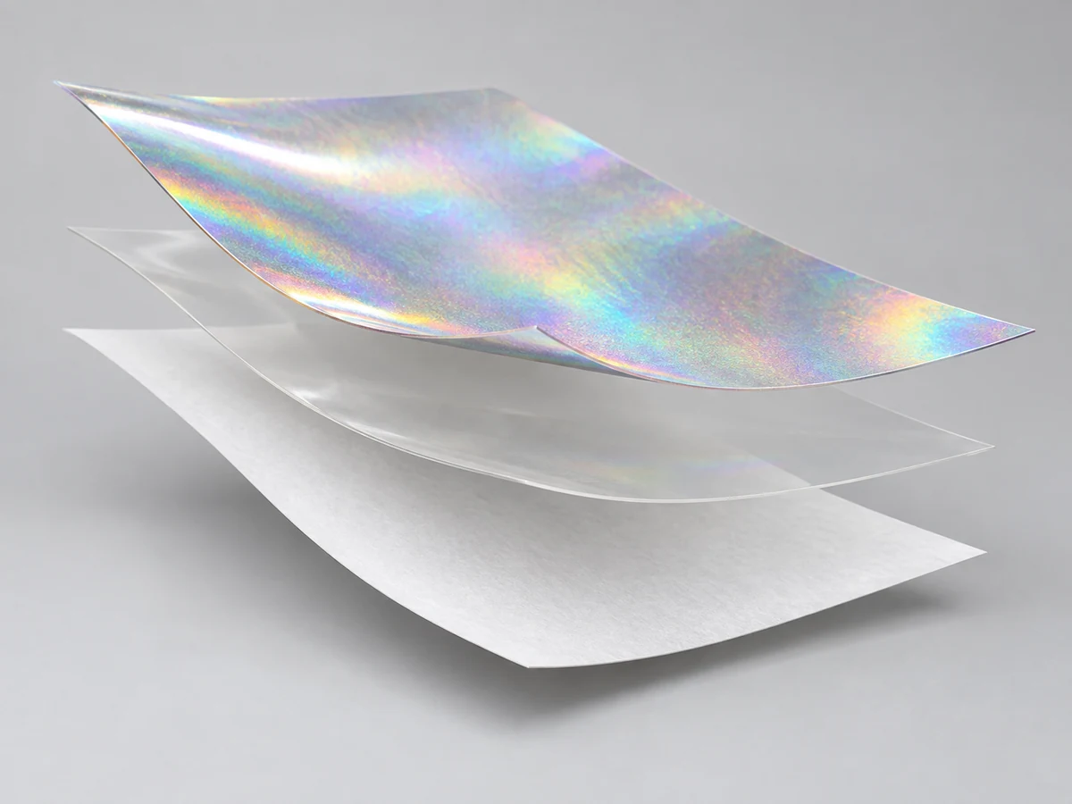 Holographic BOPP, Water-based acrylic or Hotmelt adhesive and 60 gsm white glassine release liner layered construction