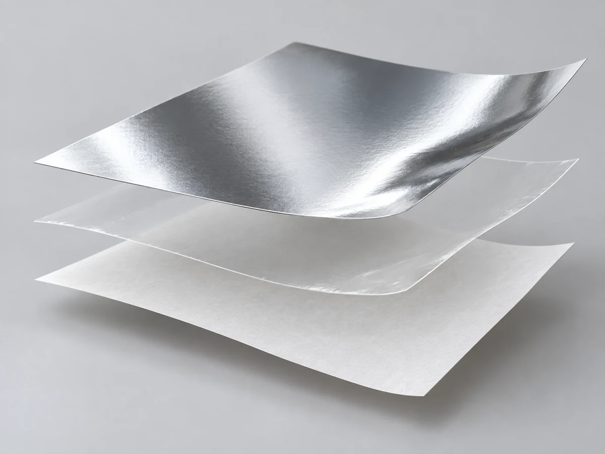 Glossy silver BOPP, Water-based acrylic or Hotmelt adhesive and 60 gsm white glassine release liner layered construction