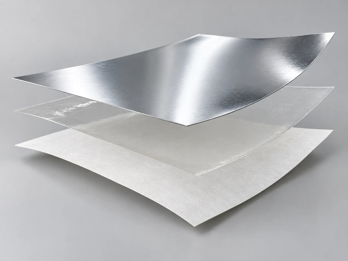 Glossy silver PET, Water-based acrylic adhesive and 60 gsm white glassine release liner layered construction