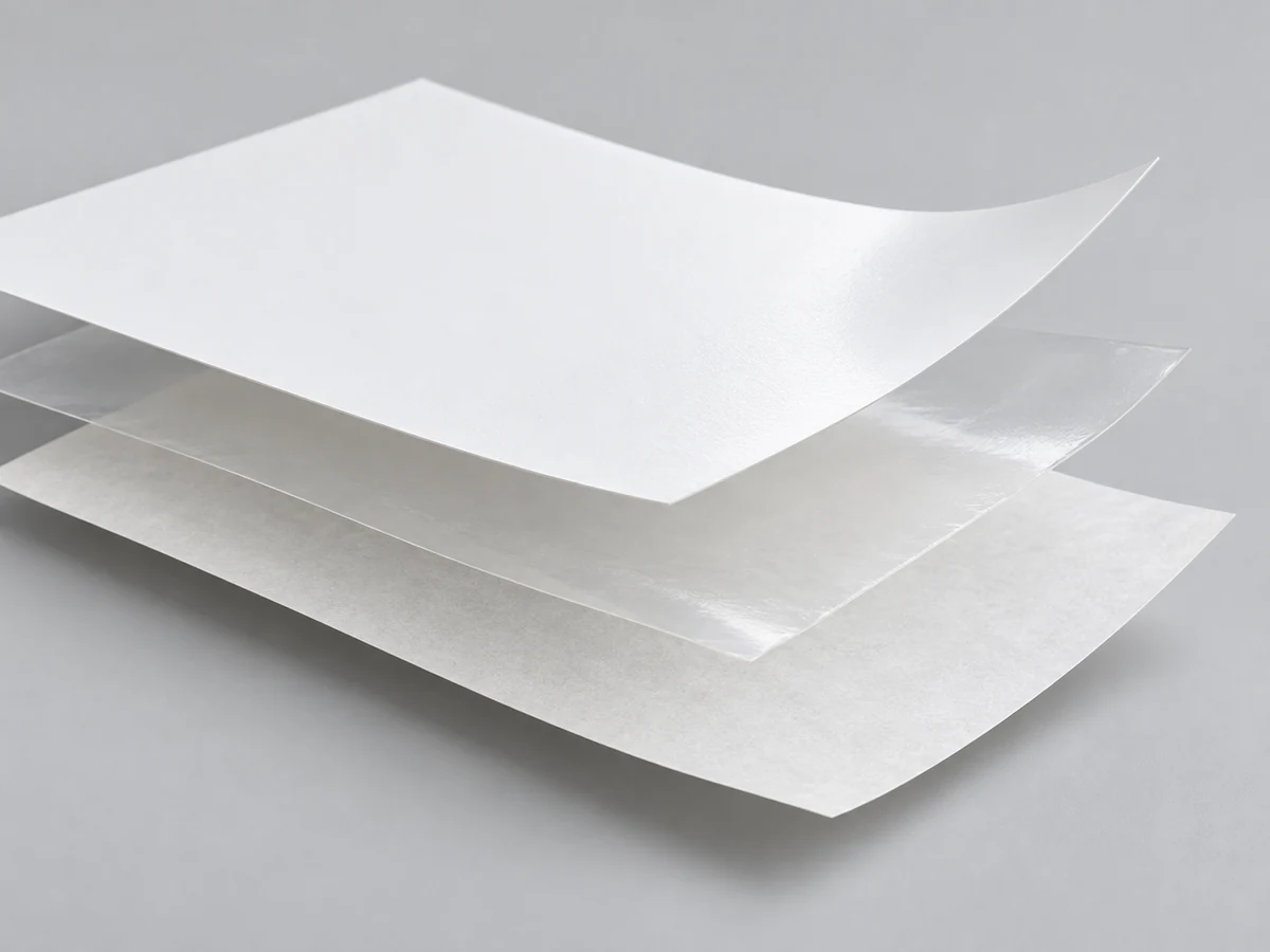 Polypropylene-based synthetic film, Water-based acrylic or Hotmelt adhesive and 60 gsm white glassine release liner layered construction