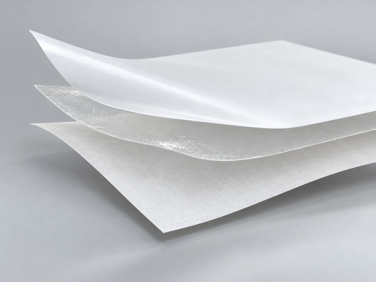 White PE film, Water-based acrylic adhesive and 60 gsm white glassine release liner layered construction