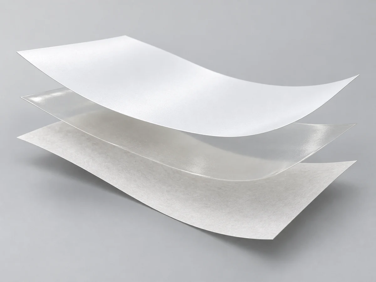 White PP film, Water-based acrylic or Hotmelt adhesive and 60 gsm white glassine or 30 μm clear PET release liner layered construction