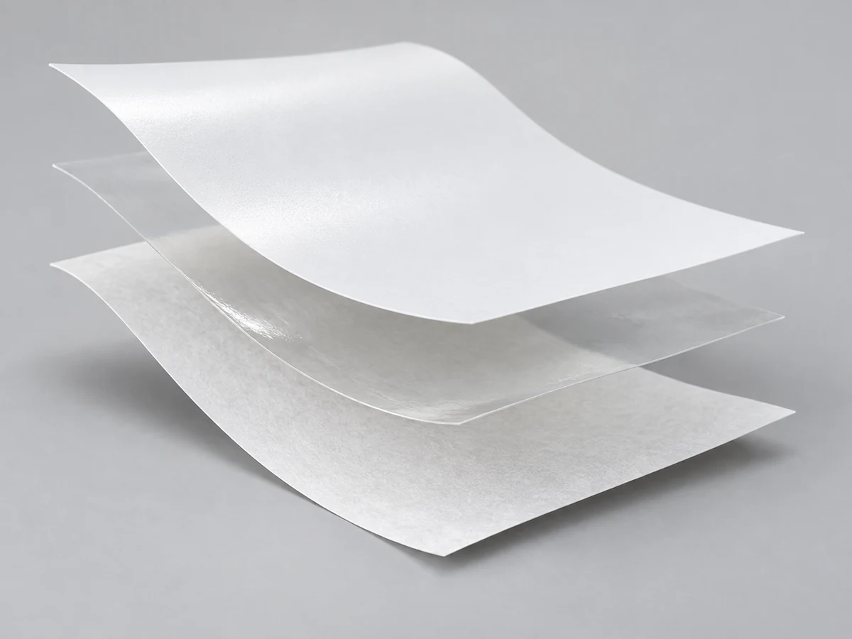 White top-coated PET, Water-based acrylic adhesive and 60 gsm white glassine release liner layered construction