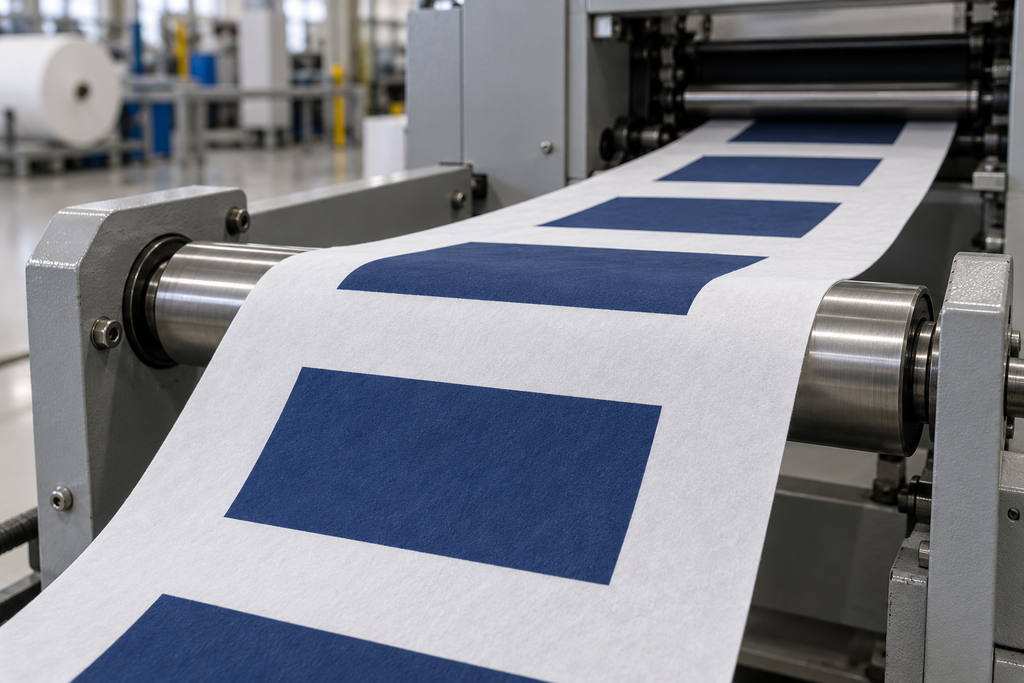 Screen-printing frame and squeegee beside a blue-printed HDPE nonwoven sample.