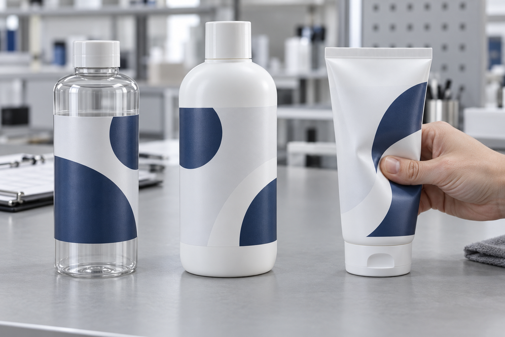 Film labels applied to rigid and flexible plastic bottles during a container-fit review.