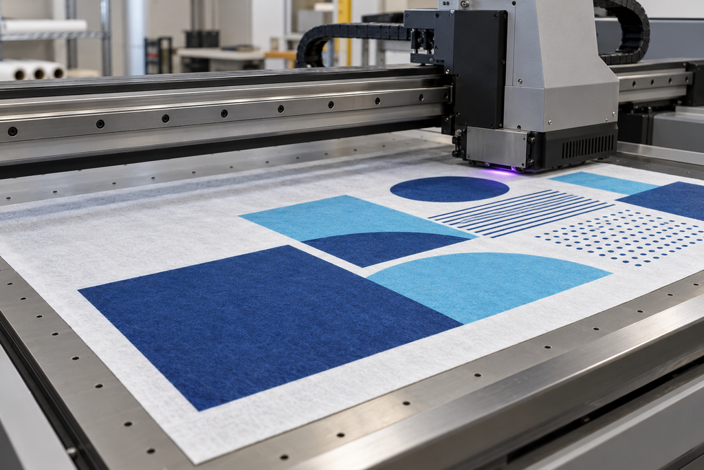 Printed white HDPE nonwoven web passing over guide rollers on a flexographic press.