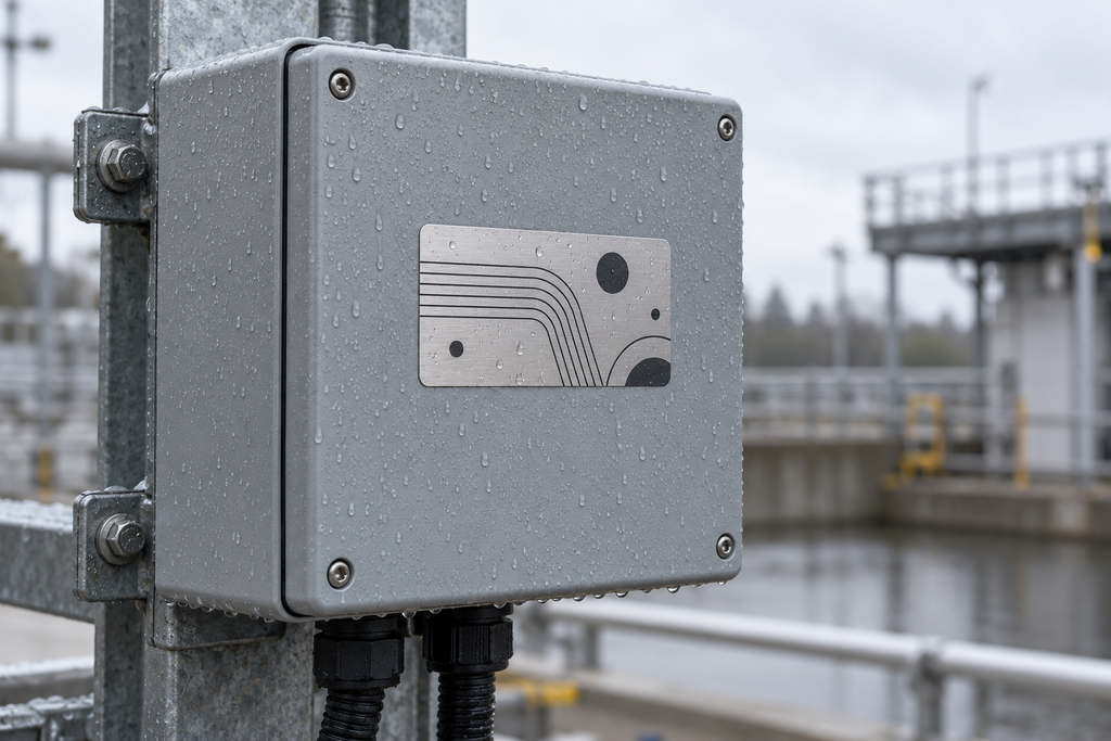 Identification label on an outdoor metal equipment enclosure with rain droplets on the surface.