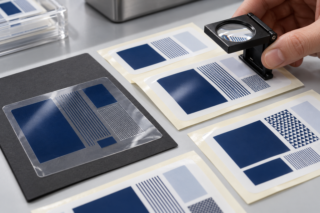 Create a photorealistic macro photograph of printed film label samples being inspected at a professional print quality-control table.
Show white and clear film label samples on their release liners. The printed artwork includes navy solid-color patches, fine parallel lines, small reverse-out geometric patterns and pale tint areas. No letters, numbers, barcodes or readable text.
A technician holds a small inspection loupe above one printed sample. Another sample rests on a dark backing so the clear film and printed areas can be seen.
Emphasize sharp print detail, smooth film surfaces, realistic ink appearance and a clean inspection environment. Do not show fabricated test scores or an exaggerated good-versus-bad comparison.
Neutral inspection lighting, landscape 3:2 composition, high resolution, no logos, no watermark, no certification symbols.