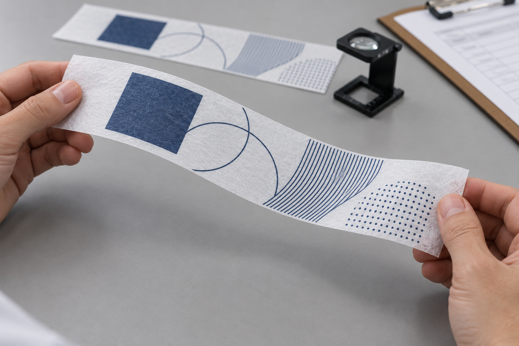 Technician gently bending a printed HDPE nonwoven strip to inspect the ink layer.