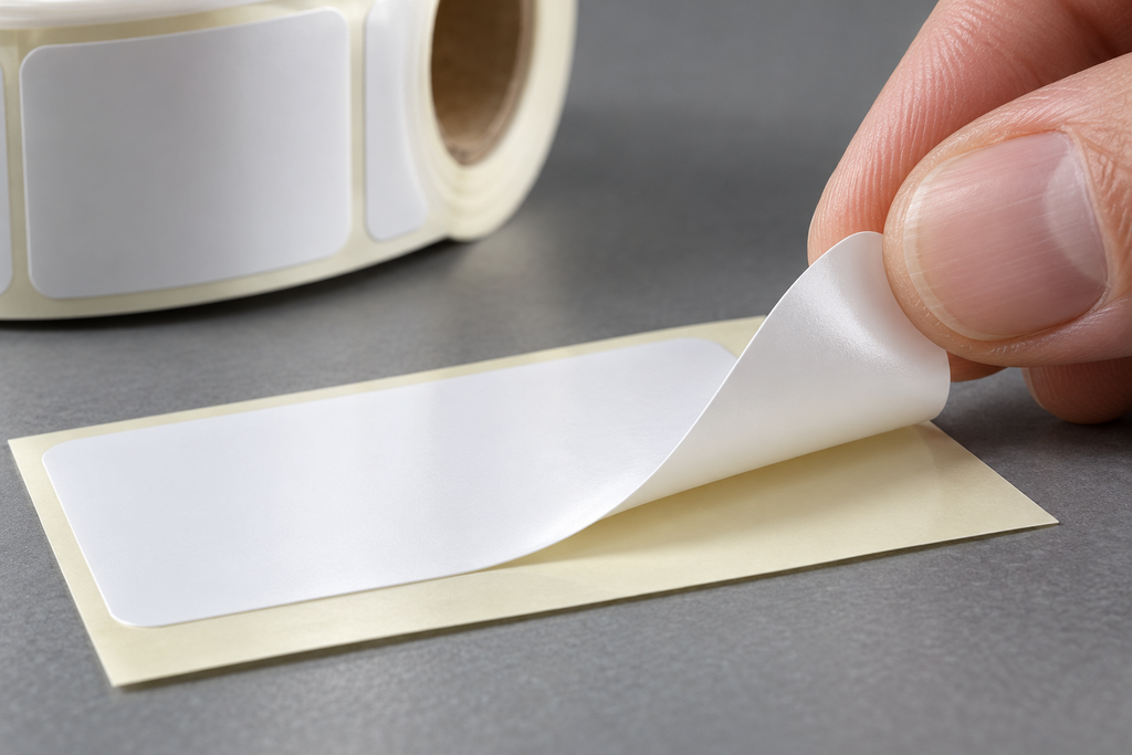 White self-adhesive film label partially peeled from its release liner.