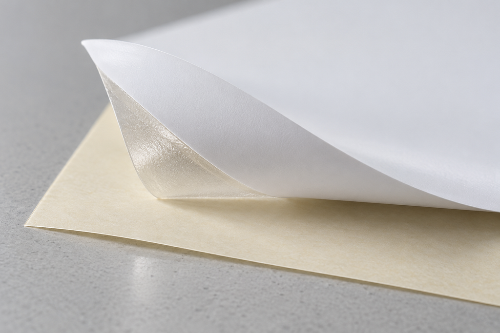 Self-adhesive waterproof labelstock showing printable facestock adhesive layer and release liner