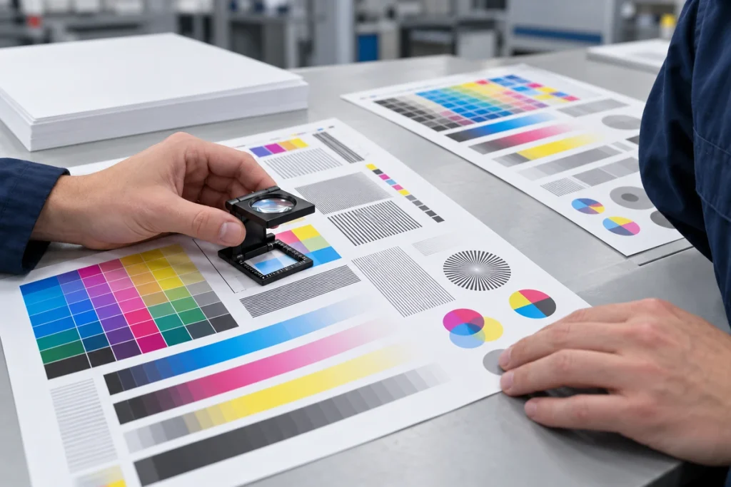 Technician inspecting color patches and fine printed details on a synthetic paper test sheet