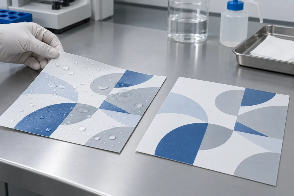 Printed synthetic paper sample with water droplets during a bench-top water exposure check