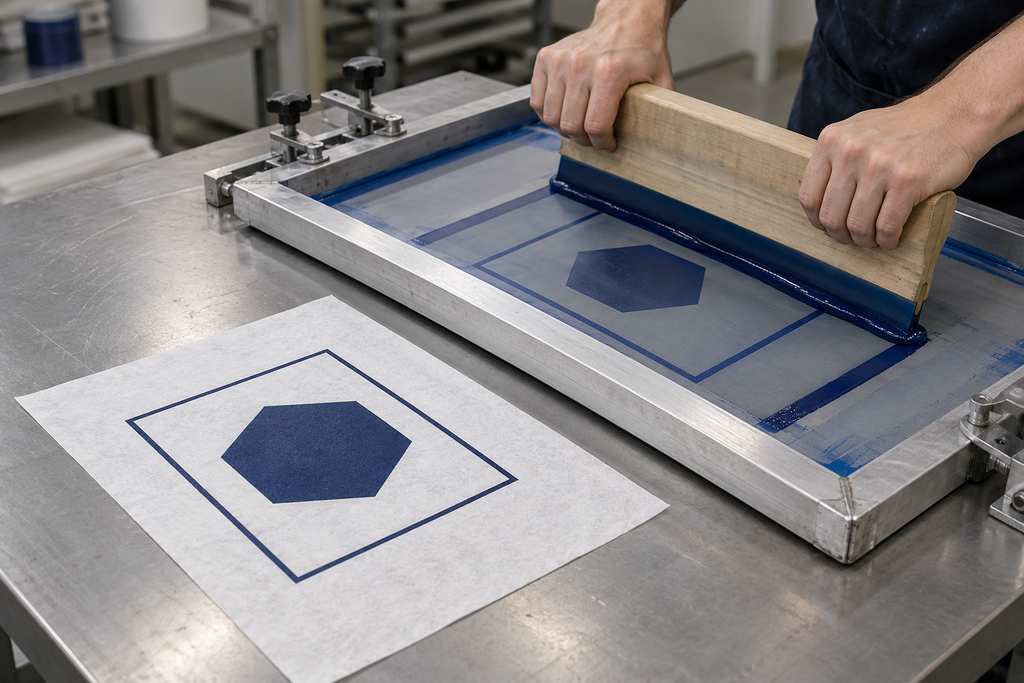 UV inkjet printer carriage above a white HDPE nonwoven sheet with blue geometric print samples.